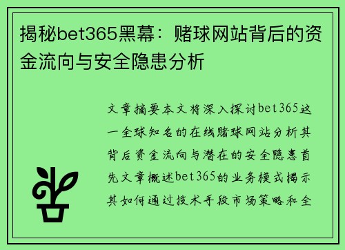 揭秘bet365黑幕：赌球网站背后的资金流向与安全隐患分析